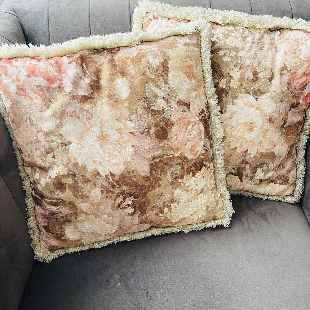 Vintage Peony Floral Jacquard Tapestry Fringe Pillows Beige Multi Cottage Granny